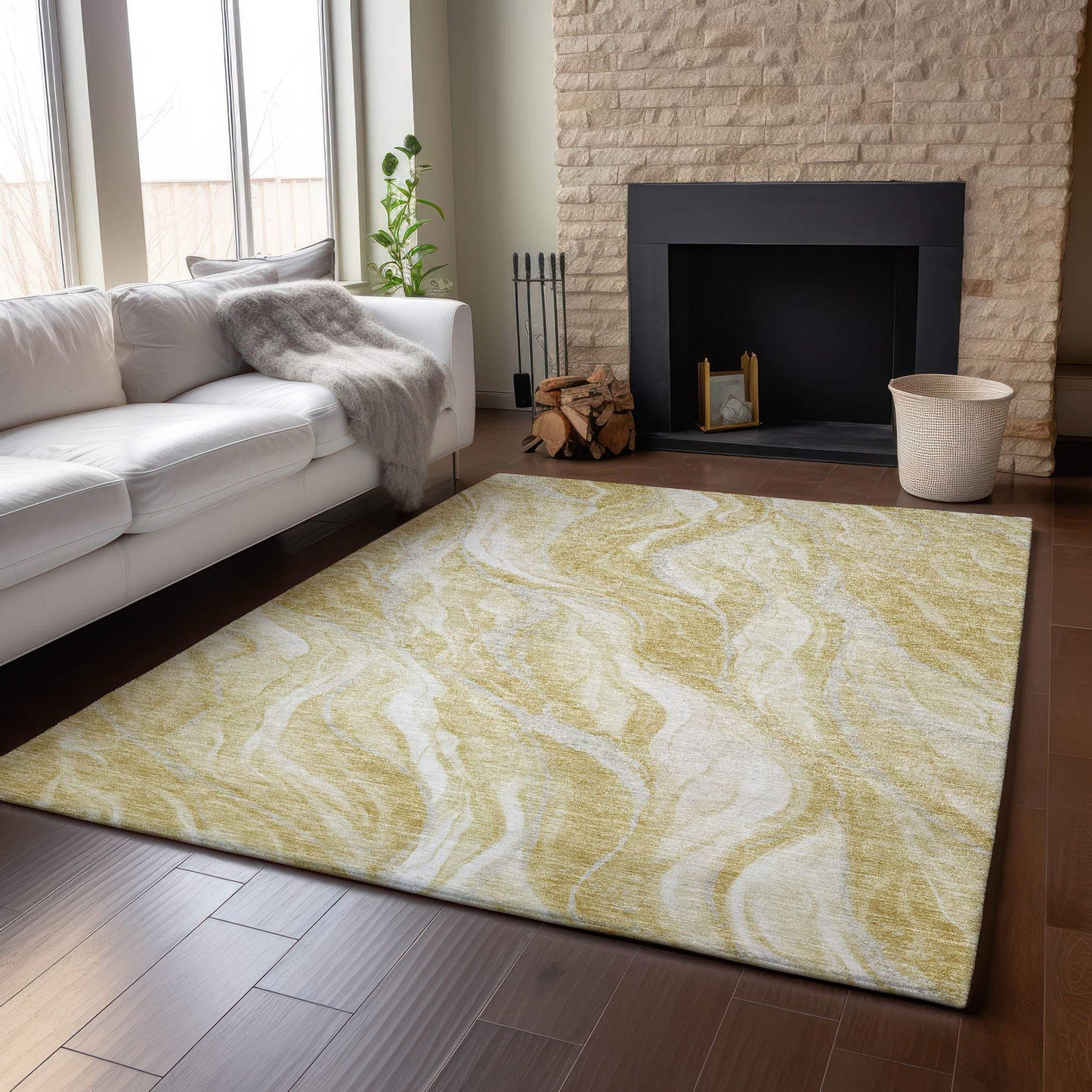 3' X 5' Gold And Ivory Abstract Washable Area Rug With UV Protection - HomeRoots - Flyclothing LLC