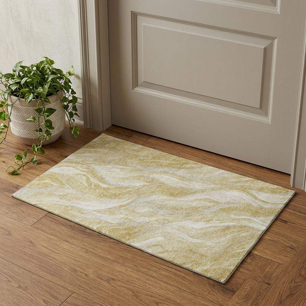 3' X 5' Gold And Ivory Abstract Washable Area Rug With UV Protection - HomeRoots - Flyclothing LLC