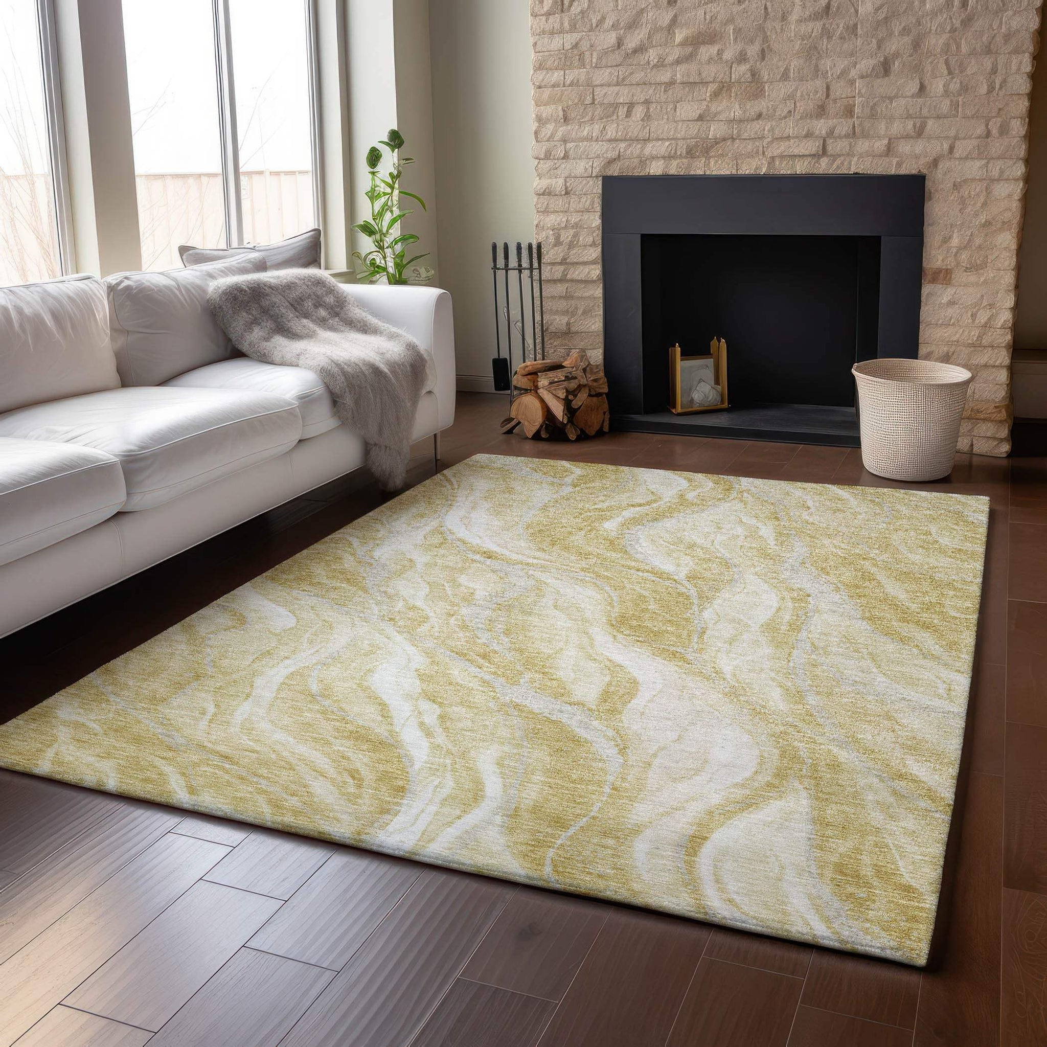 5' X 8' Gold And Ivory Abstract Washable Area Rug With UV Protection - HomeRoots - Flyclothing LLC