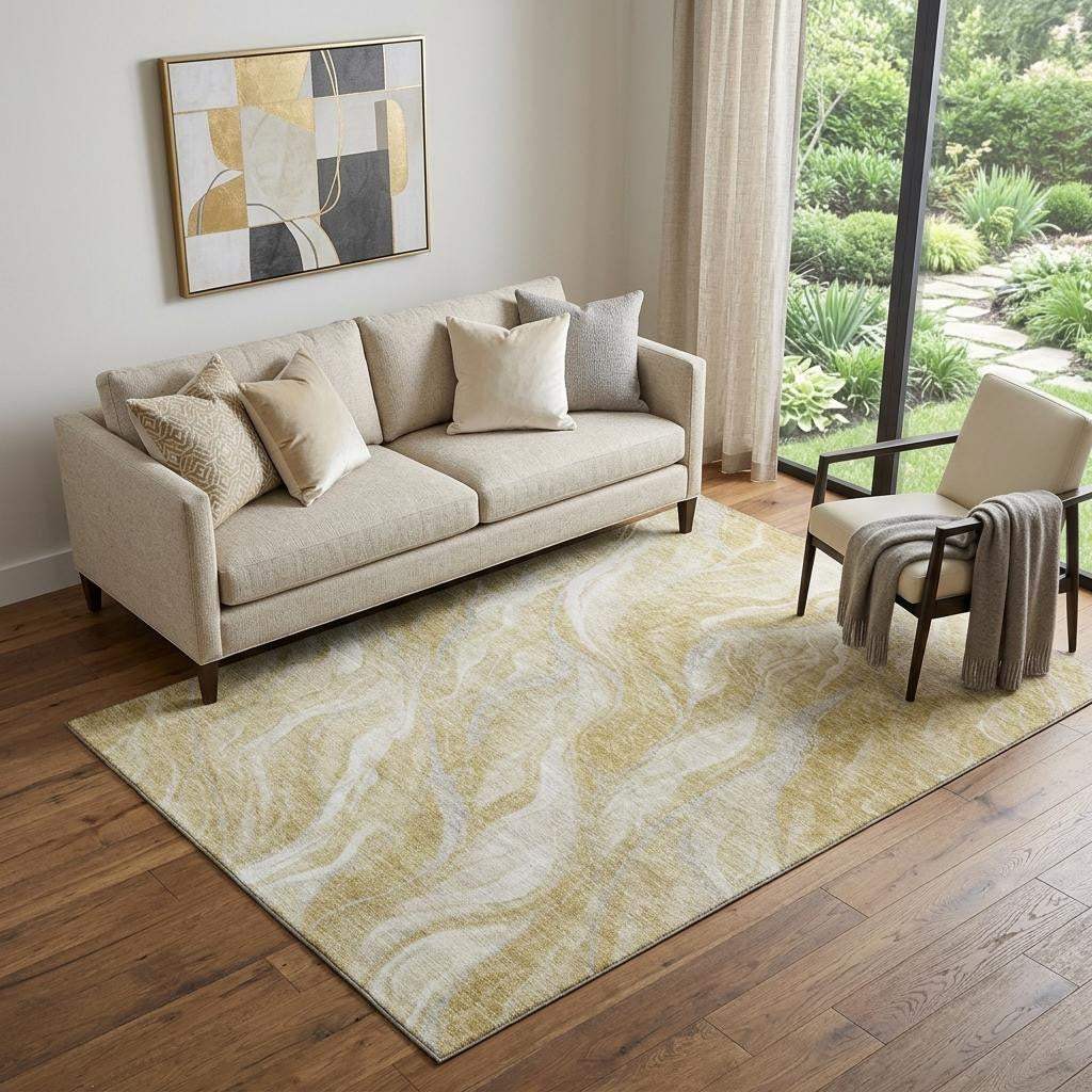 5' X 8' Gold And Ivory Abstract Washable Area Rug With UV Protection - HomeRoots - Flyclothing LLC