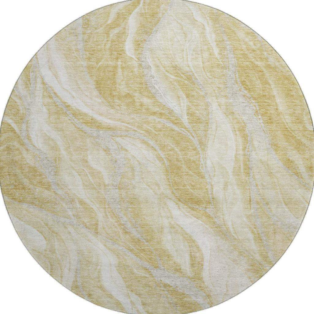 8' Gold And Ivory Abstract Washable Round Rug With UV Protection - HomeRoots - Flyclothing LLC