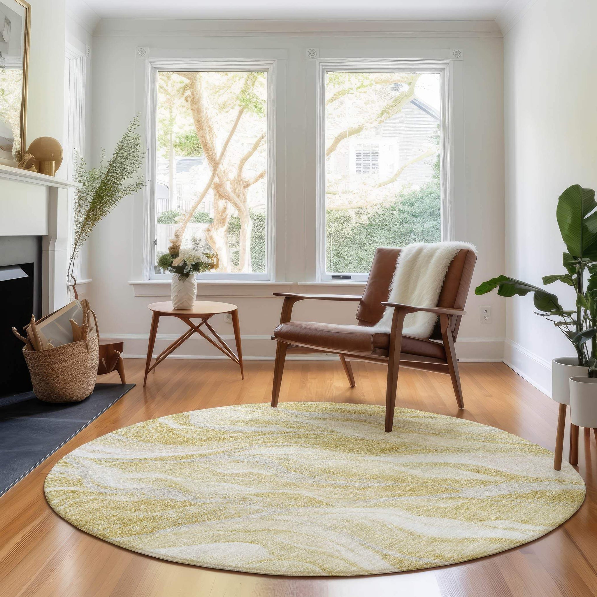 8' Gold And Ivory Abstract Washable Round Rug With UV Protection - HomeRoots - Flyclothing LLC