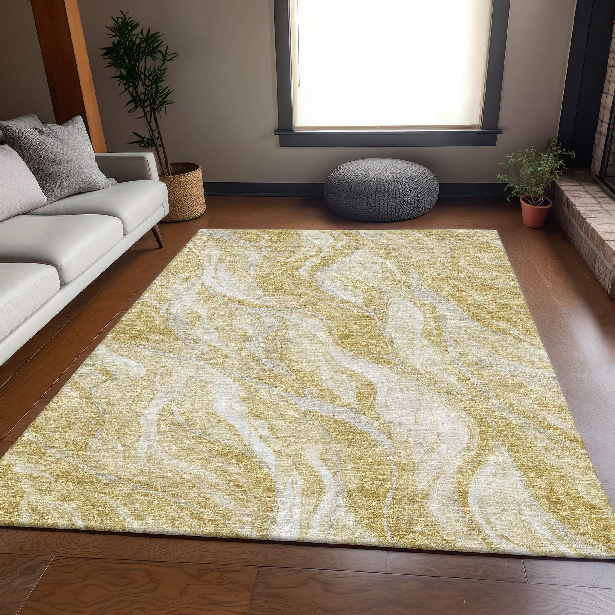 8' X 10' Gold And Ivory Abstract Washable Area Rug With UV Protection - HomeRoots - Flyclothing LLC