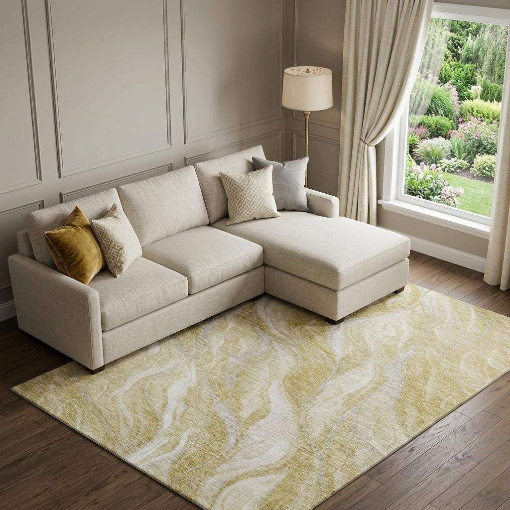 8' X 10' Gold And Ivory Abstract Washable Area Rug With UV Protection - HomeRoots - Flyclothing LLC