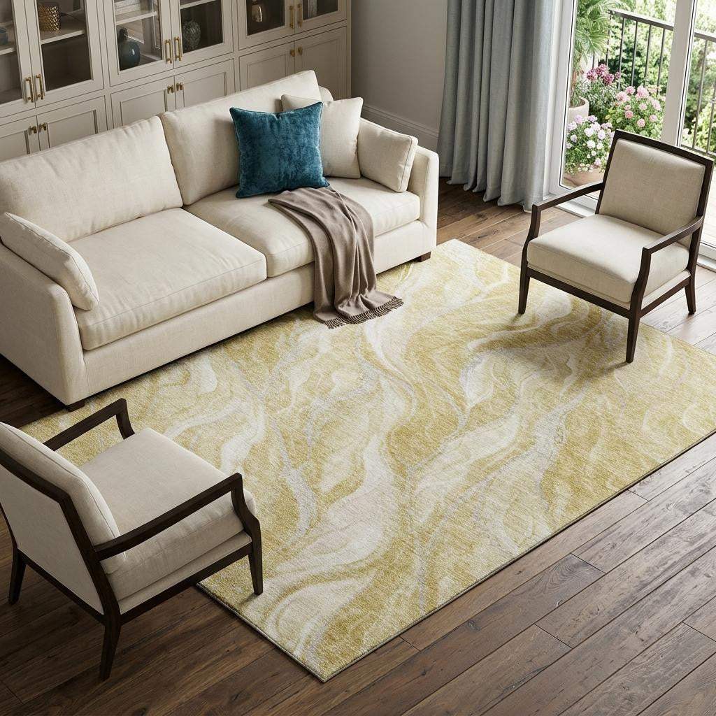 9' X 12' Gold And Ivory Abstract Washable Area Rug With UV Protection - HomeRoots - Flyclothing LLC