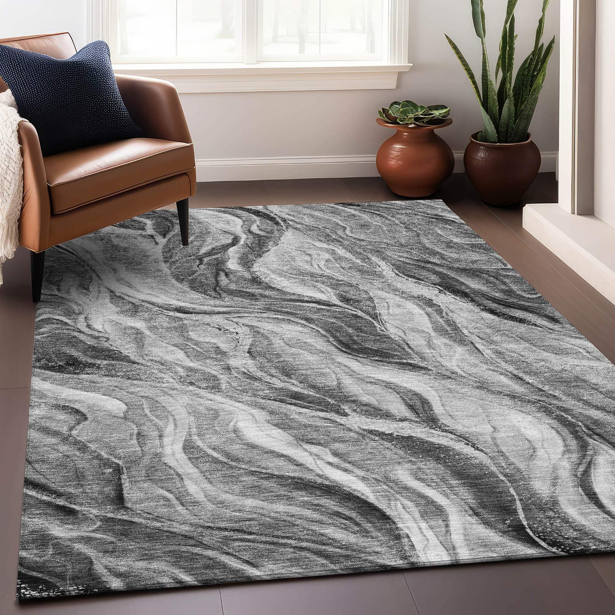 5' X 8' Gray And Ivory Abstract Washable Area Rug With UV Protection - HomeRoots - Flyclothing LLC
