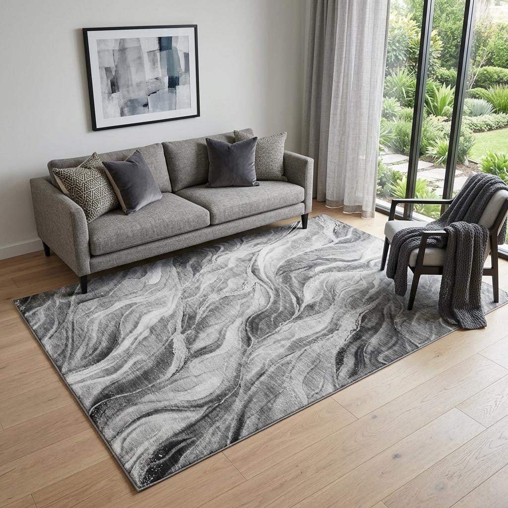 5' X 8' Gray And Ivory Abstract Washable Area Rug With UV Protection - HomeRoots - Flyclothing LLC