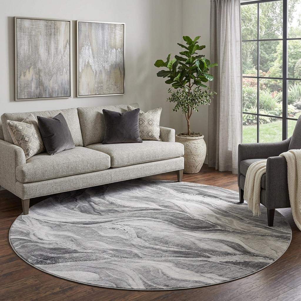 8' Gray And Ivory Abstract Washable Round Rug With UV Protection - HomeRoots - Flyclothing LLC
