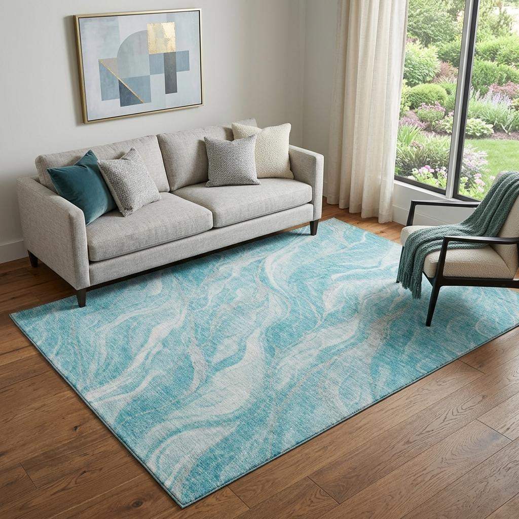 5' X 8' Teal And Ivory Abstract Washable Area Rug With UV Protection - HomeRoots - Flyclothing LLC