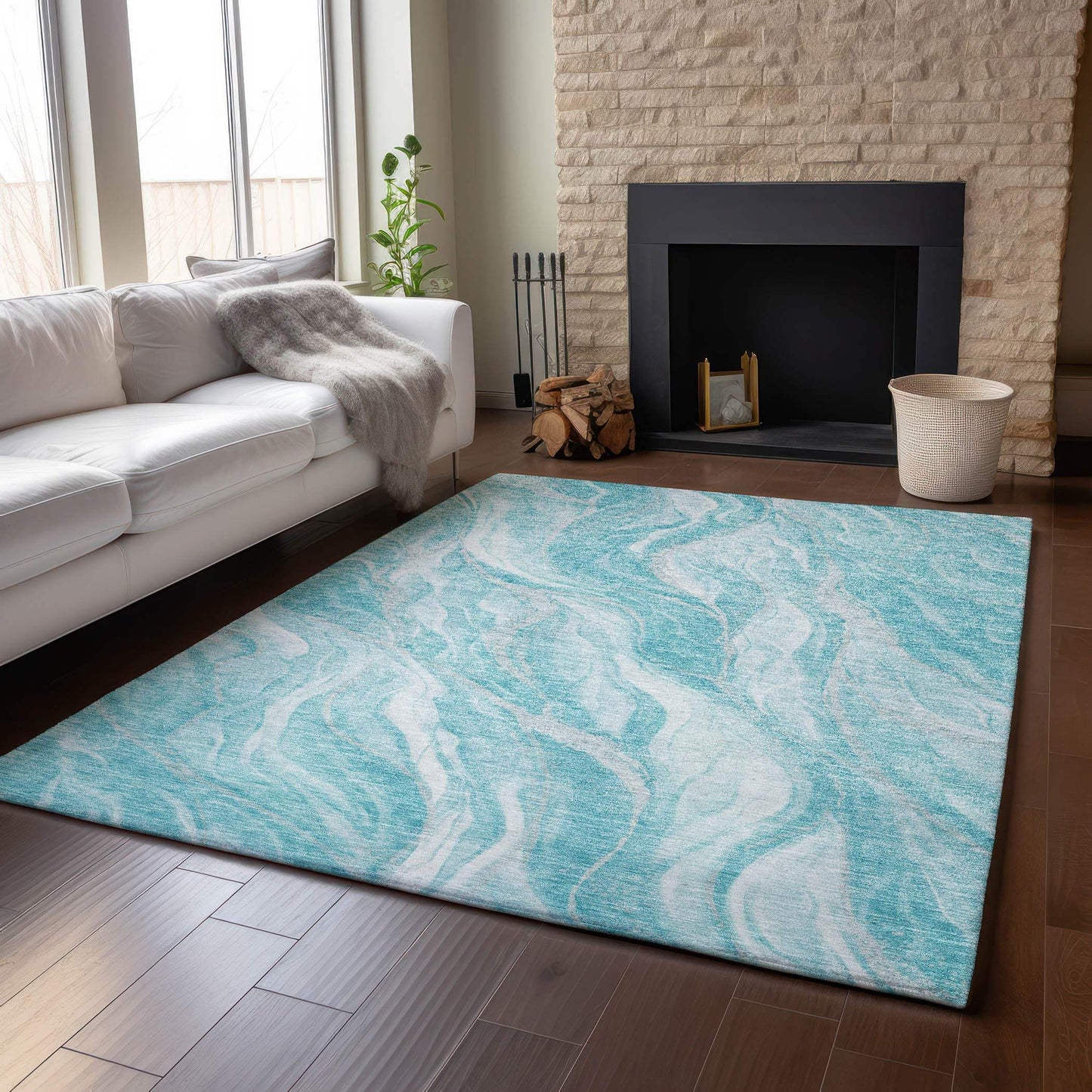 5' X 8' Teal And Ivory Abstract Washable Area Rug With UV Protection - HomeRoots - Flyclothing LLC