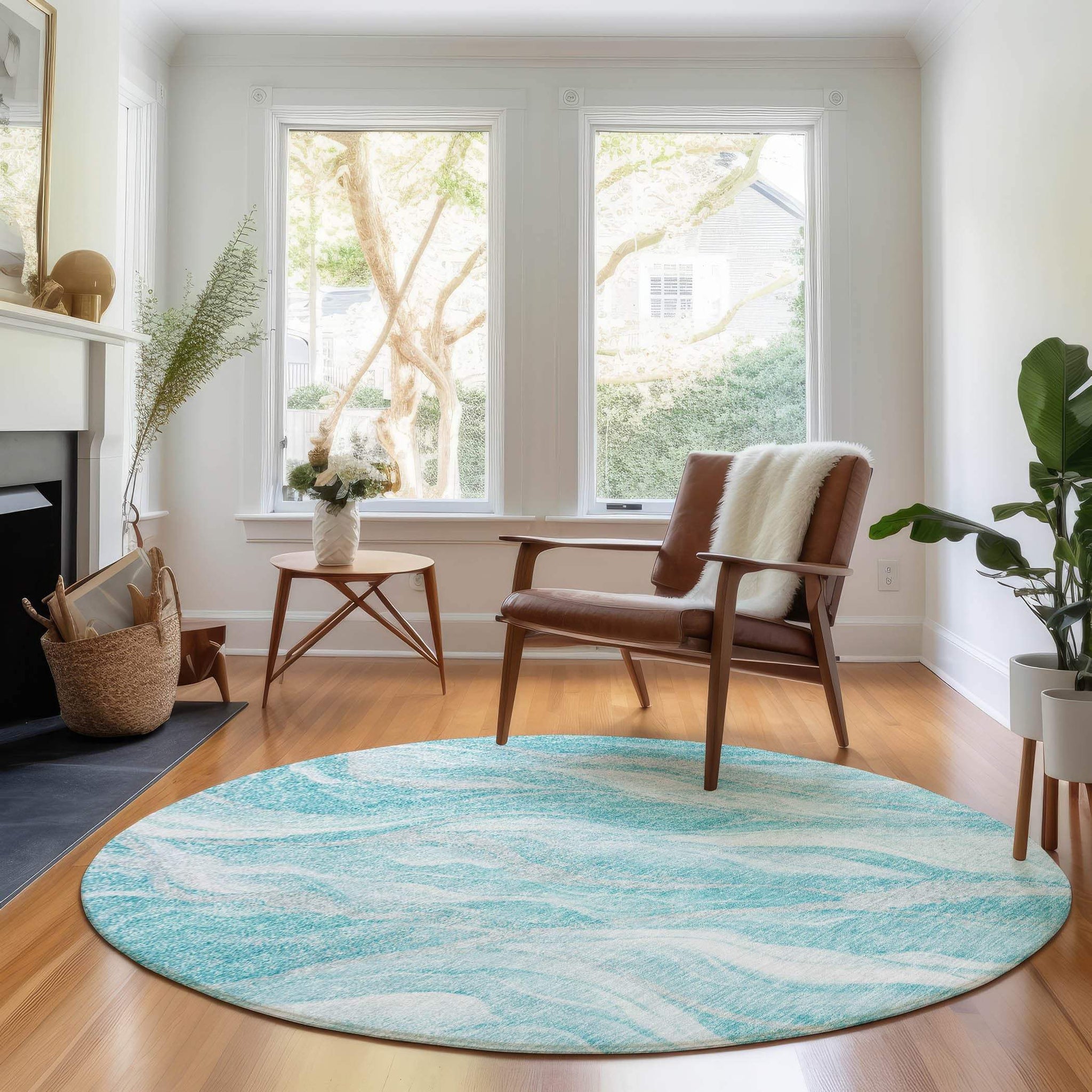 8' Teal And Ivory Abstract Washable Round Rug With UV Protection - HomeRoots - Flyclothing LLC