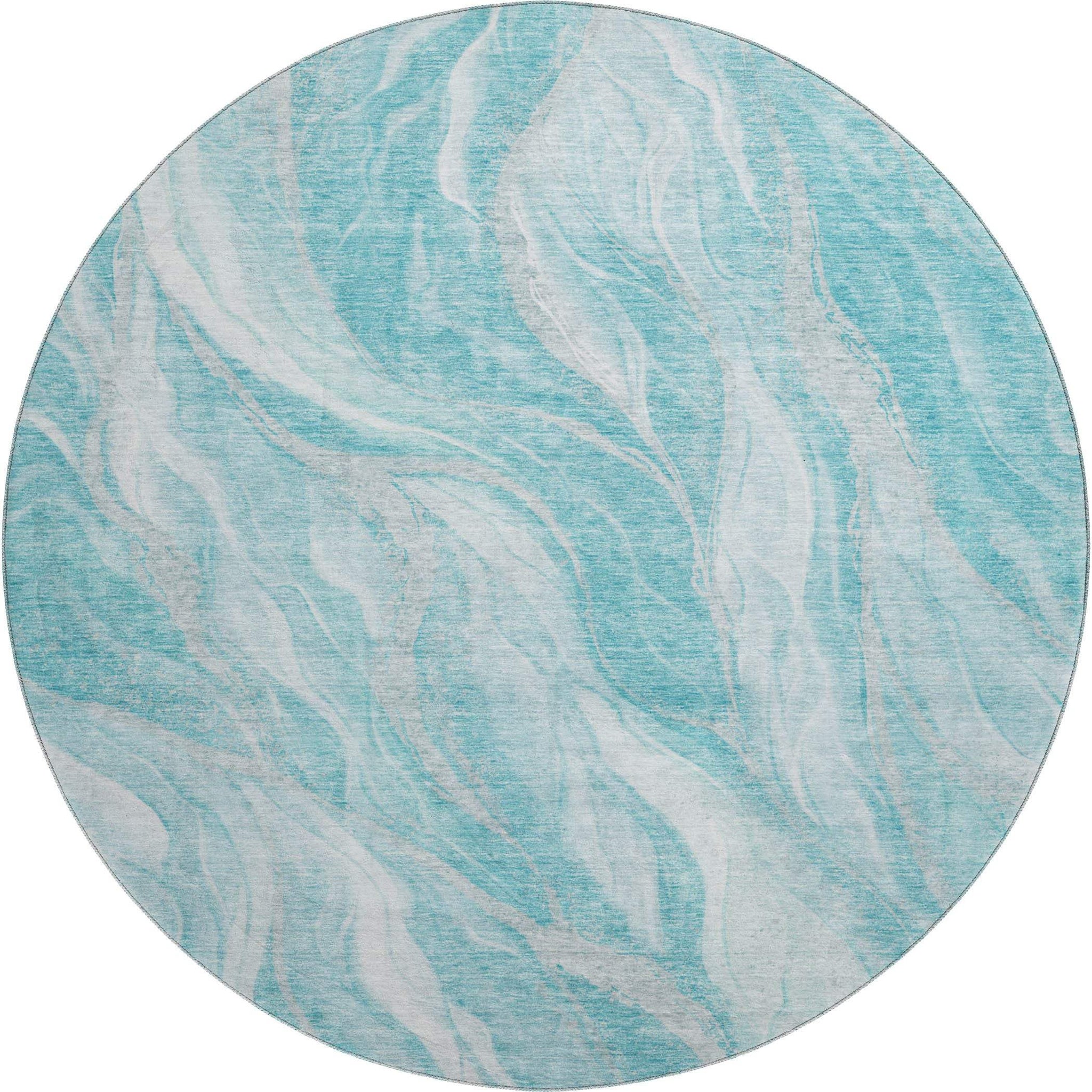 8' Teal And Ivory Abstract Washable Round Rug With UV Protection - HomeRoots - Flyclothing LLC