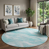 8' Teal And Ivory Abstract Washable Round Rug With UV Protection - HomeRoots - Flyclothing LLC