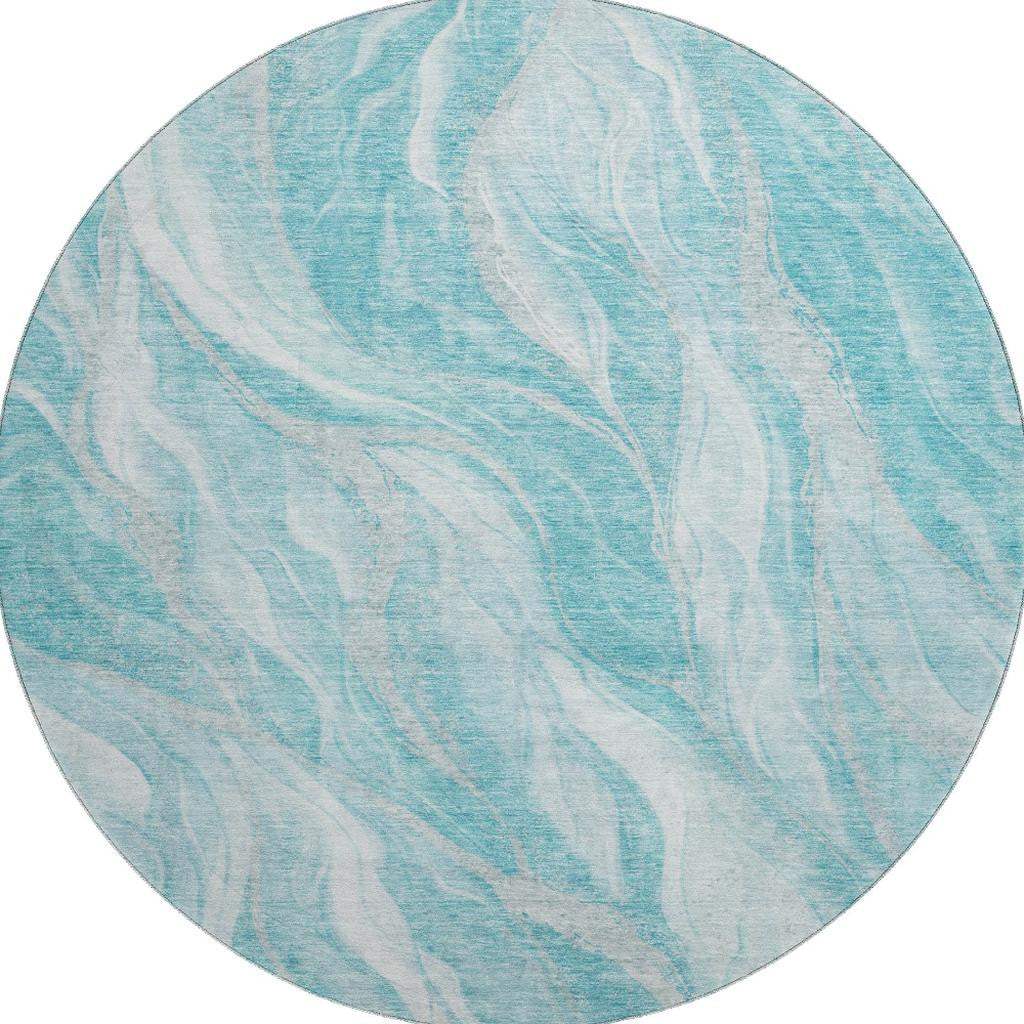 8' Teal And Ivory Abstract Washable Round Rug With UV Protection - HomeRoots - Flyclothing LLC