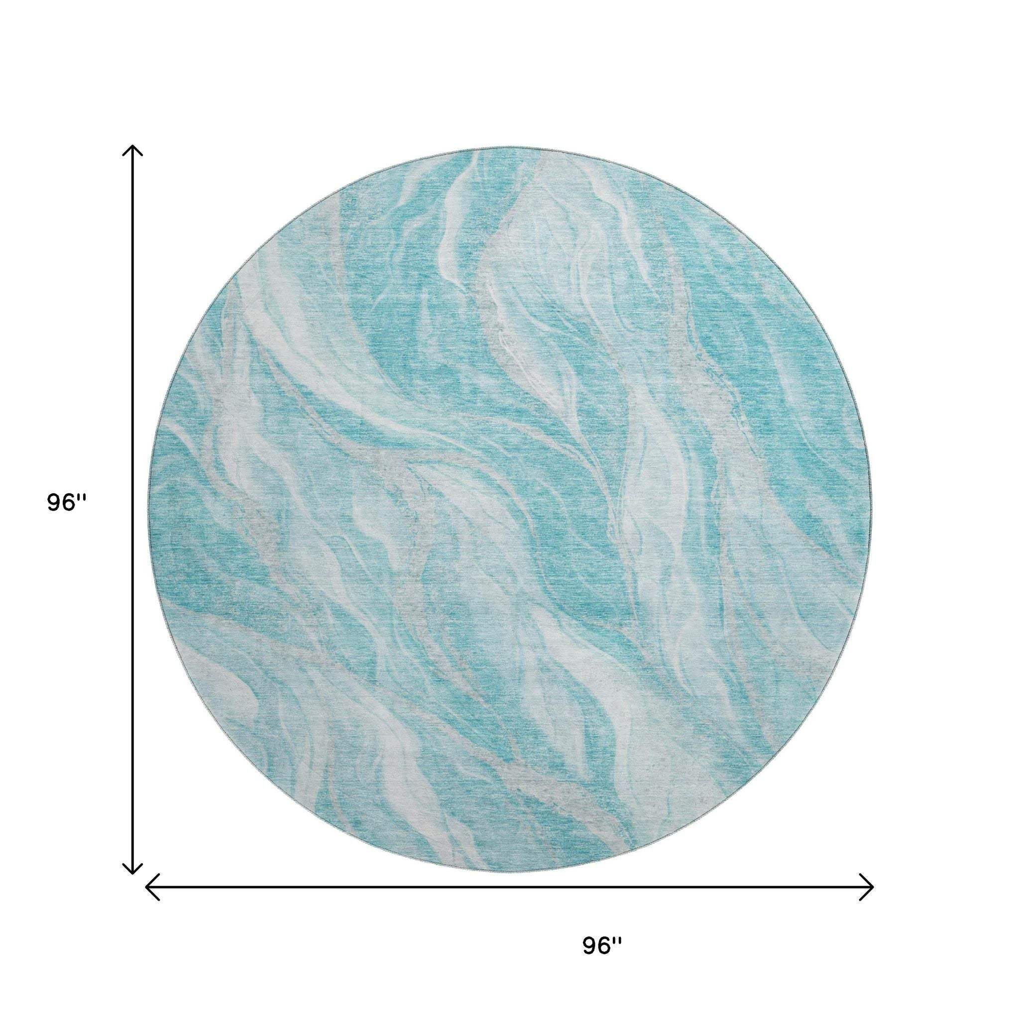 8' Teal And Ivory Abstract Washable Round Rug With UV Protection - HomeRoots - Flyclothing LLC