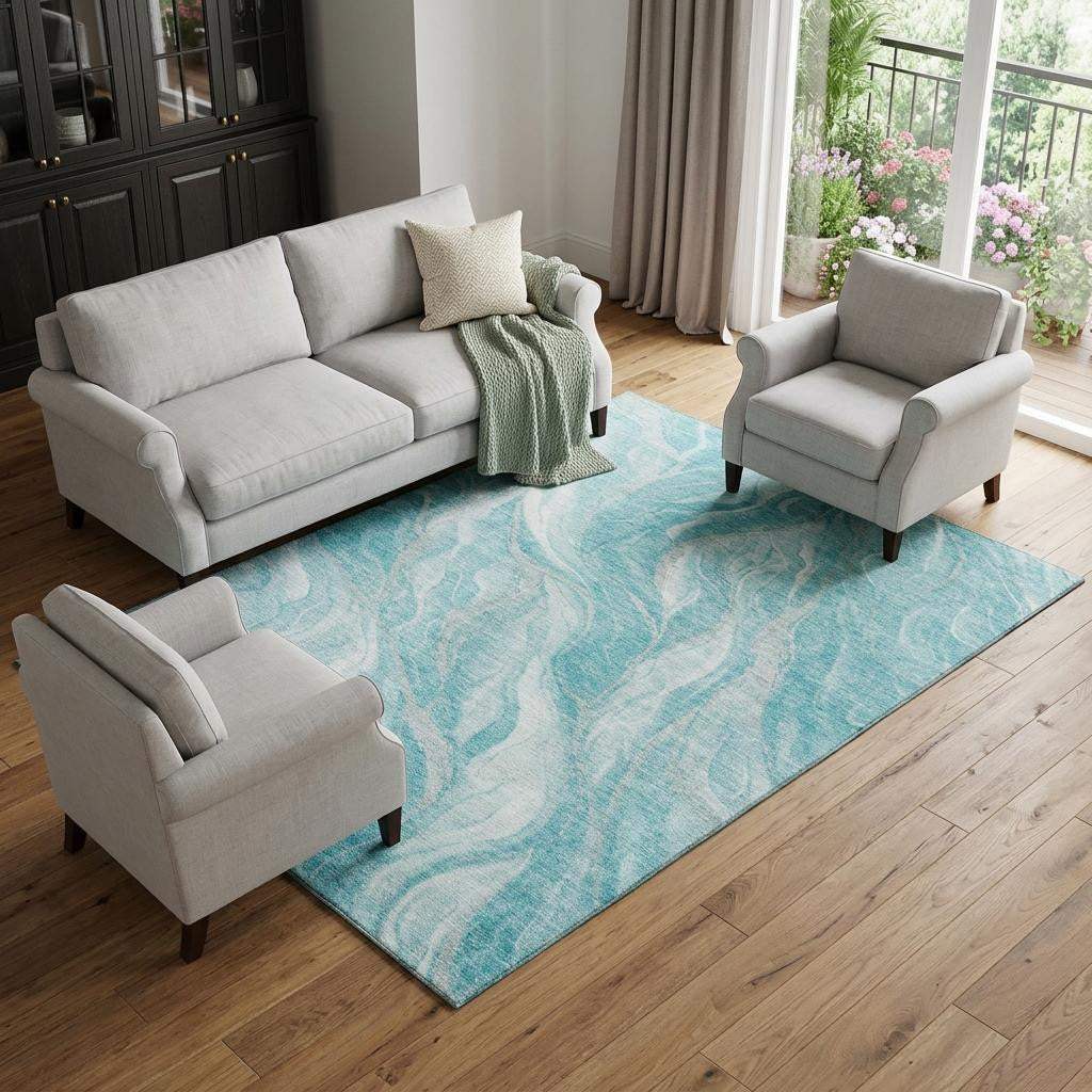 8' X 10' Teal And Ivory Abstract Washable Area Rug With UV Protection - HomeRoots - Flyclothing LLC