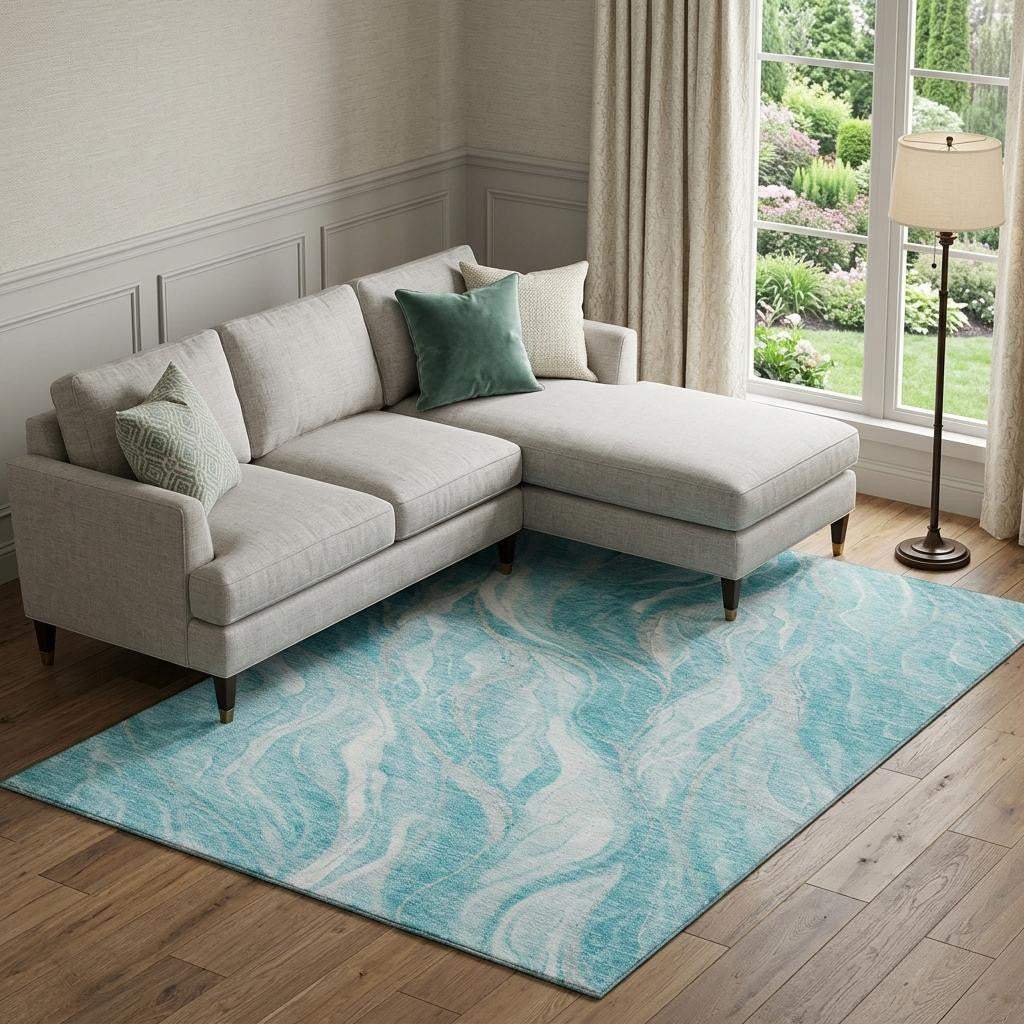 9' X 12' Teal And Ivory Abstract Washable Area Rug With UV Protection - HomeRoots - Flyclothing LLC