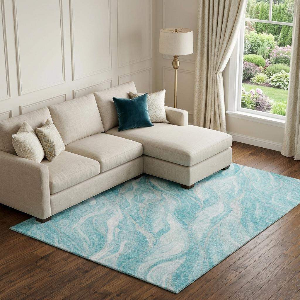 10' X 14' Teal And Ivory Abstract Washable Area Rug With UV Protection - HomeRoots - Flyclothing LLC