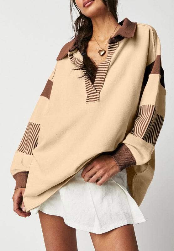 Color Block Johnny Collar Long Sleeve Sweatshirt - Trendsi - Flyclothing LLC