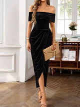 Velvet Off-Shoulder Ruched Midi Dress - Trendsi - Flyclothing LLC