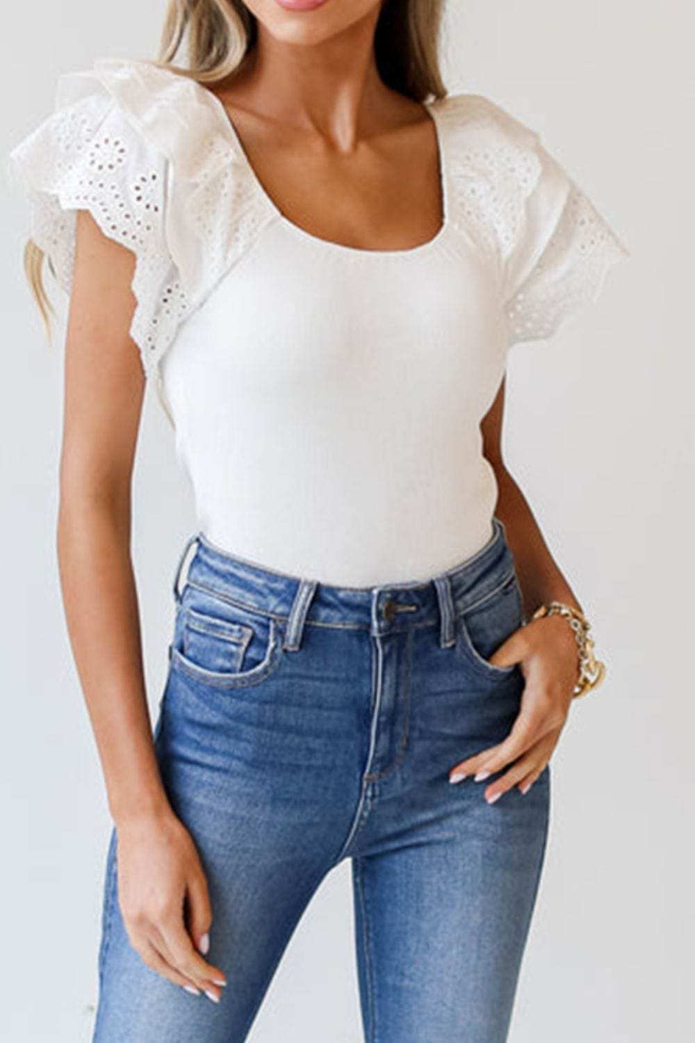 Eyelet Ruffle Sleeve Slim Top - Trendsi - Flyclothing LLC