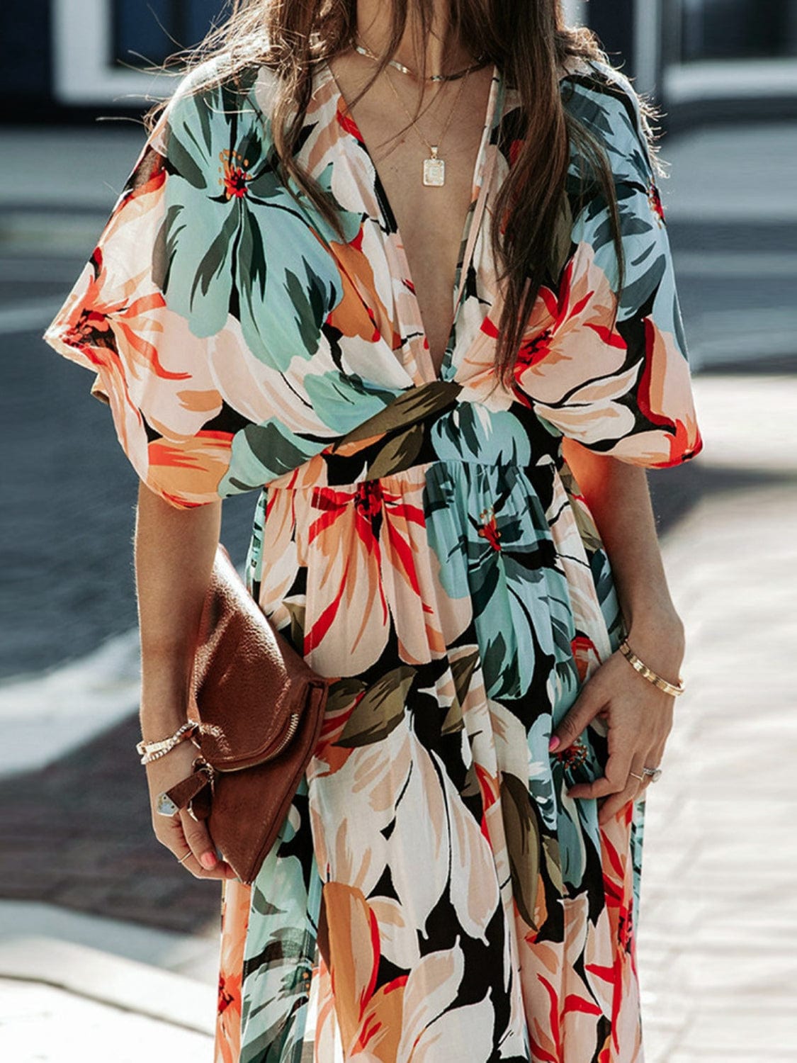 Floral Plunge Half Sleeve Dress - Trendsi