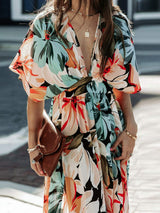 Floral Plunge Half Sleeve Dress - Trendsi - Flyclothing LLC