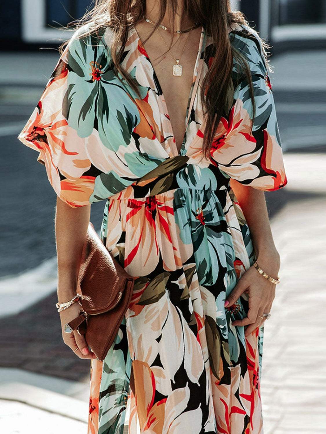 Floral Plunge Half Sleeve Dress - Trendsi - Flyclothing LLC