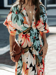 Floral Plunge Half Sleeve Dress - Trendsi