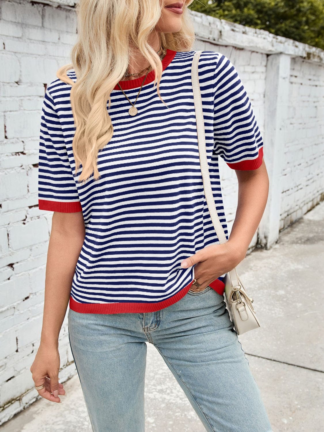 Lovelet Striped Contrast Round Neck Half Sleeve Knit Top - Trendsi