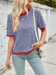Lovelet Striped Contrast Round Neck Half Sleeve Knit Top - Trendsi