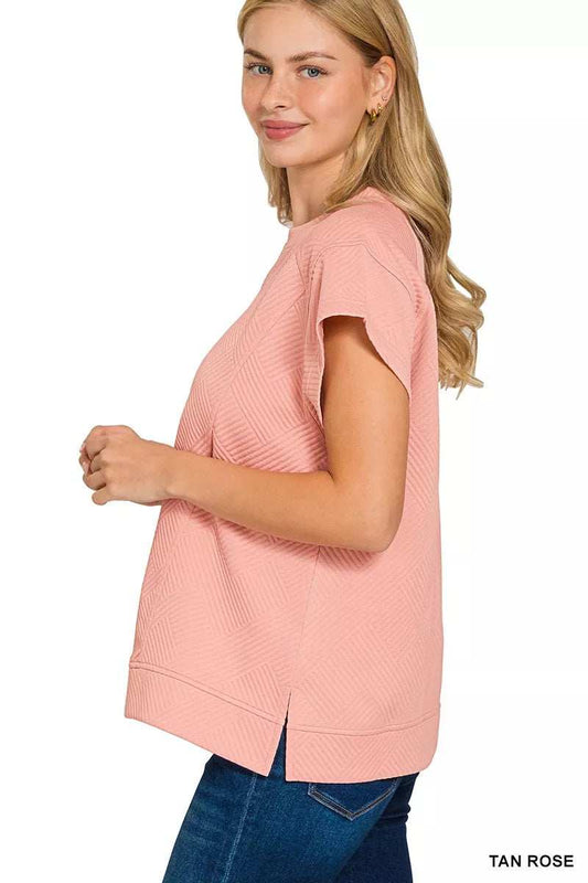 Zenana Textured Knit Jacquard Short Sleeve Top - Trendsi - Flyclothing LLC