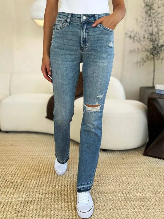 Judy Blue Full Size Mid Rise Destroyed Hem Distressed Jeans - Trendsi - Flyclothing LLC