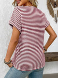Striped Notched Short Sleeve T-Shirt - Trendsi - Flyclothing LLC