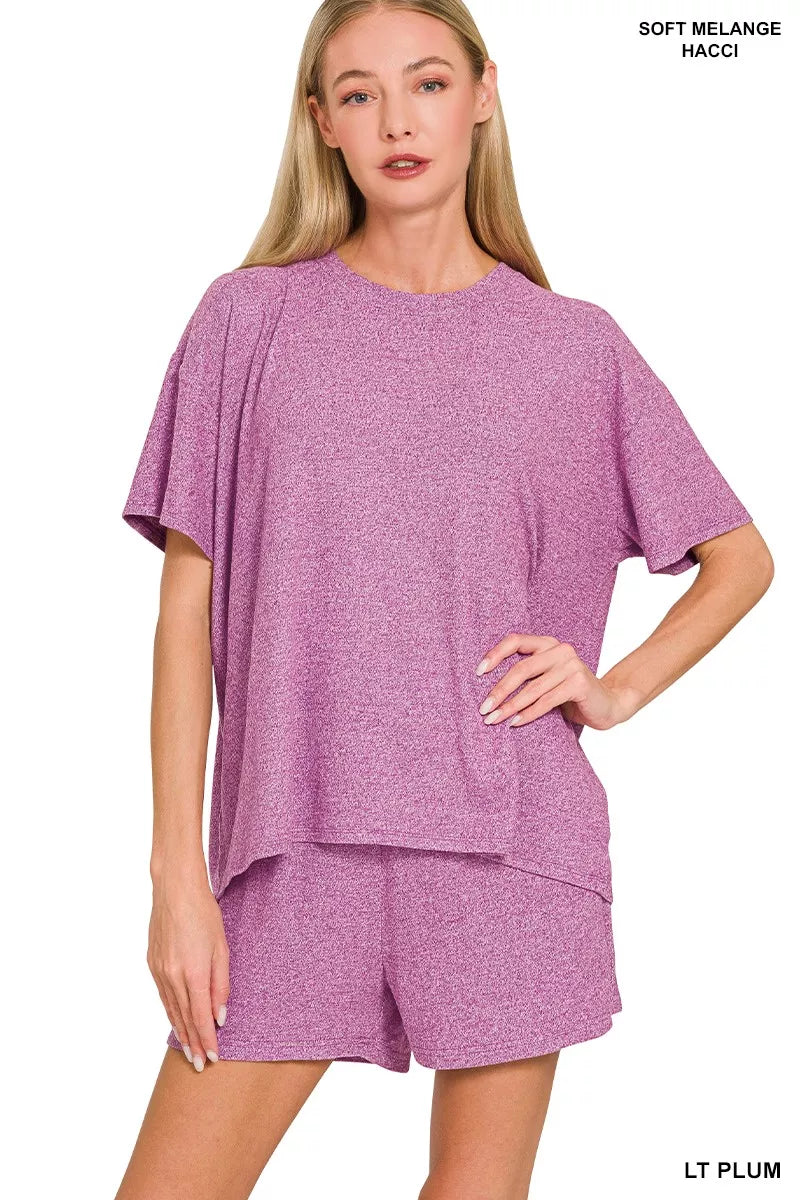 Zenana Soft Melange Short Sleeve Tee and Shorts Set - Trendsi - Flyclothing LLC