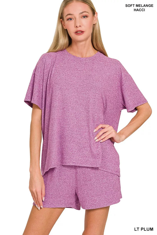Zenana Soft Melange Short Sleeve Tee and Shorts Set - Trendsi - Flyclothing LLC