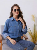 Pocketed Striped Button Up Denim Shirt - Trendsi - Flyclothing LLC