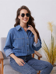 Pocketed Striped Button Up Denim Shirt - Trendsi