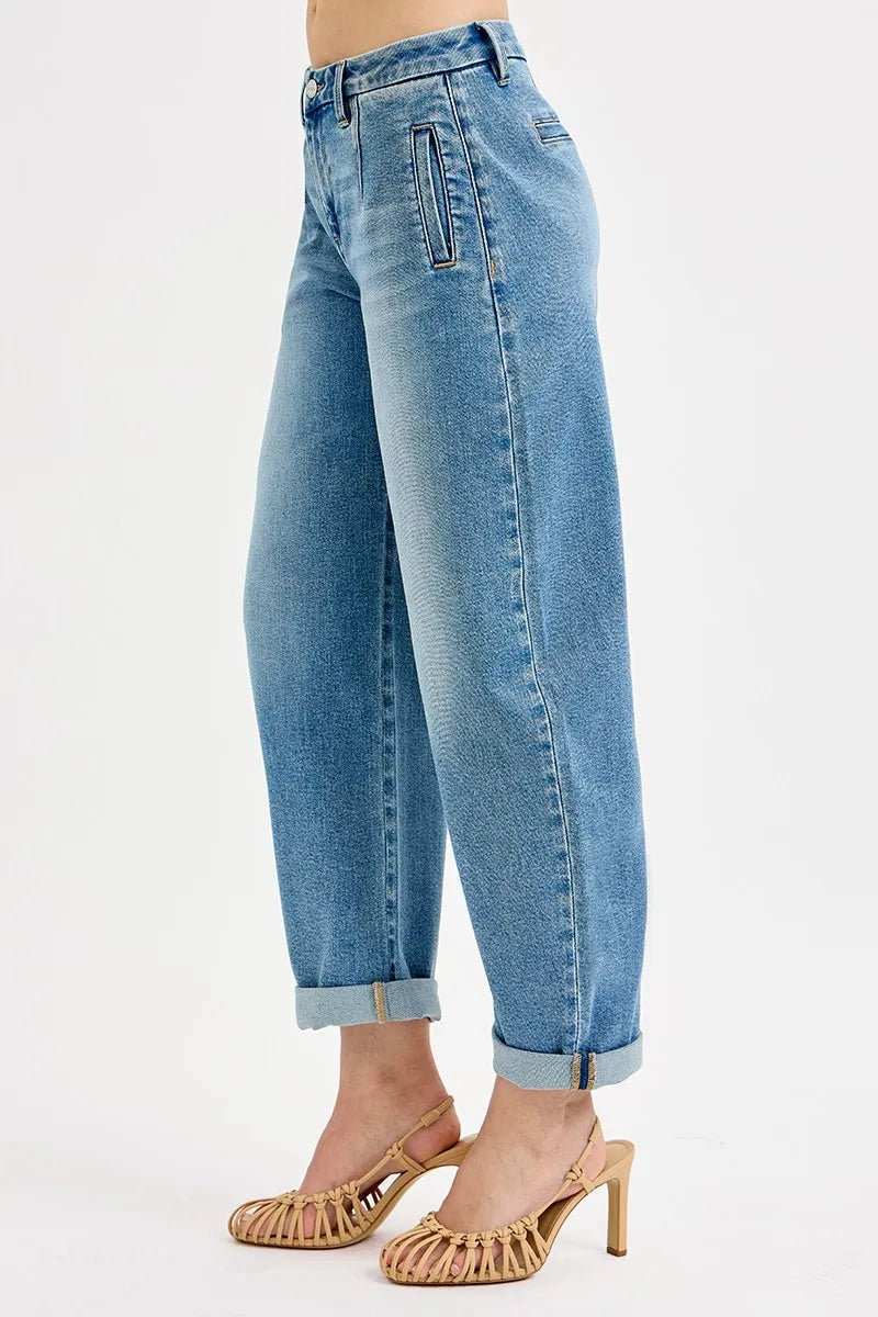 RISEN Full Size Mid Rise Fit Barrel Roll Up Jeans Plus Size - Trendsi - Flyclothing LLC