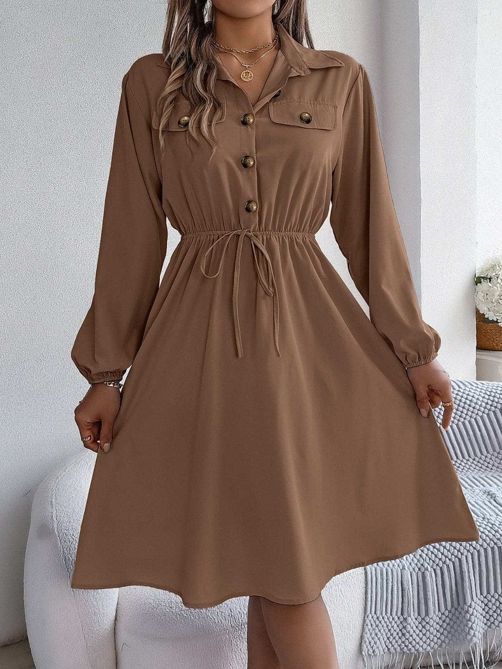 Collared Neck Long Sleeve Dress with Pockets - Trendsi - Flyclothing LLC
