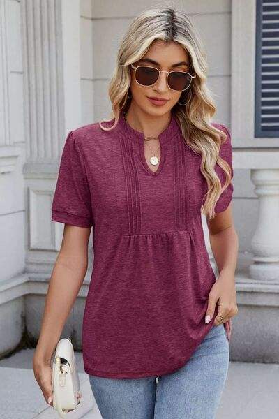 Notched Short Sleeve Solid Color Top - Trendsi - Flyclothing LLC