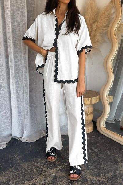Contrast Trim Half Sleeve Top and Pants Set - Trendsi - Flyclothing LLC