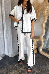 Contrast Trim Half Sleeve Top and Pants Set - Trendsi - Flyclothing LLC