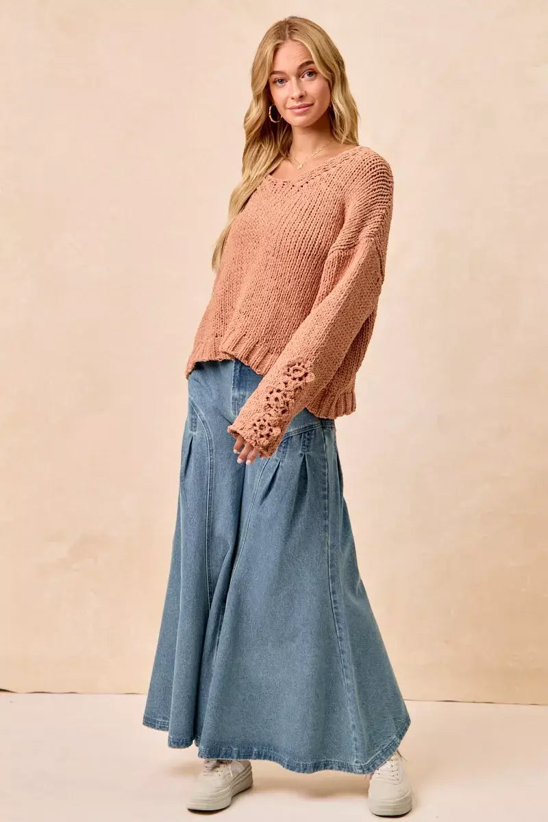BiBi Chunky Knit Sweater with Flower Detail Sleeves - Trendsi - Flyclothing LLC