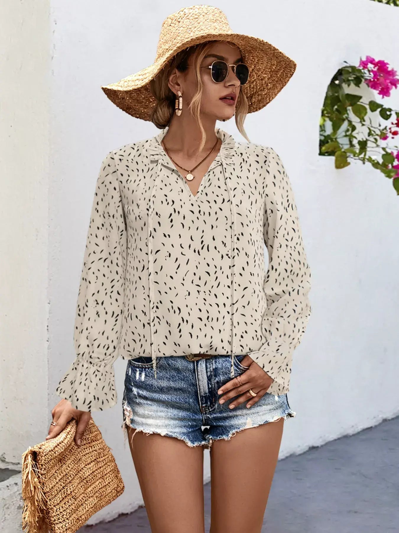 Ruffled Printed Tie Neck Long Sleeve Blouse - Trendsi - Flyclothing LLC
