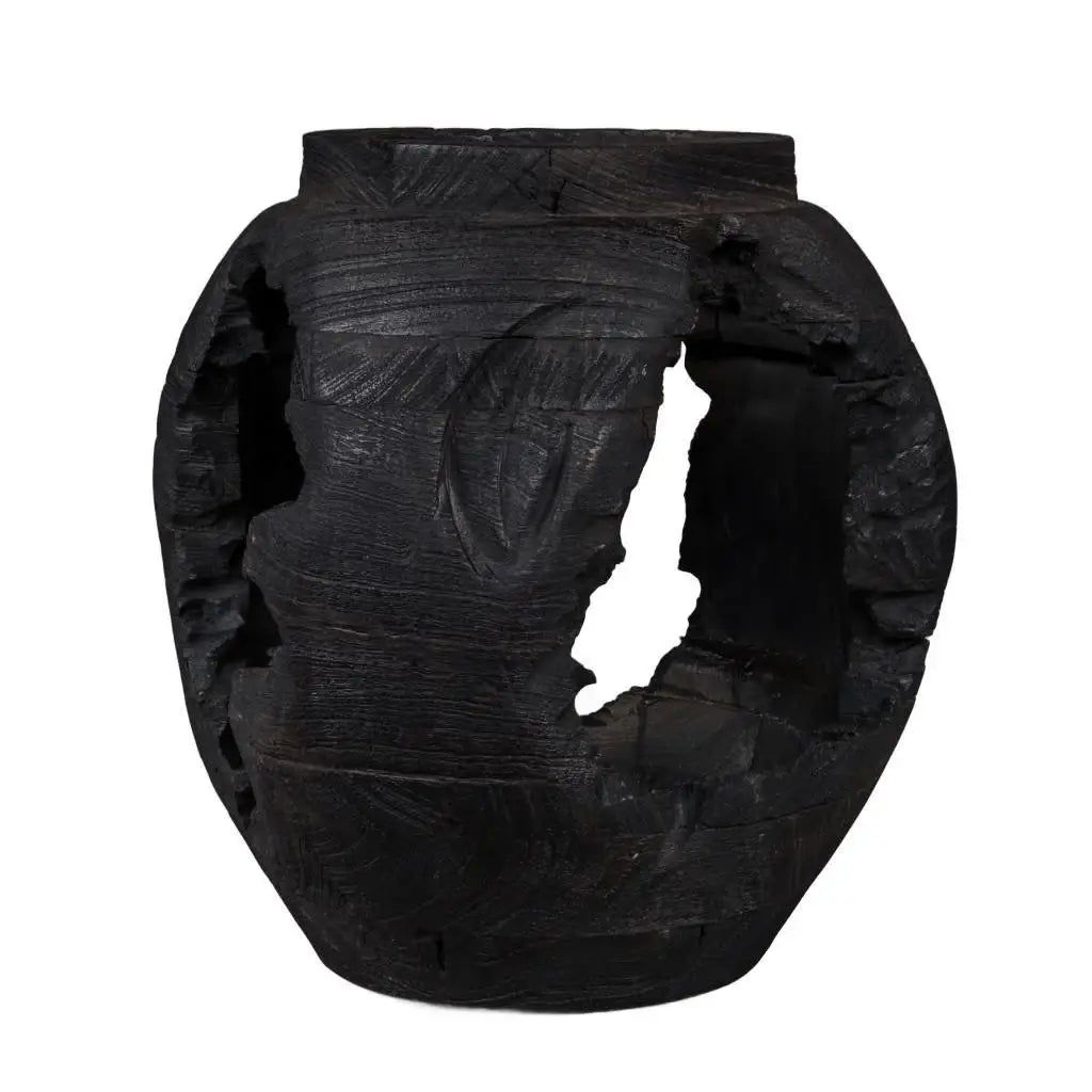 14" Black Solid Wood Table Vase With Sculptural Details - Homeroots - Flyclothing LLC