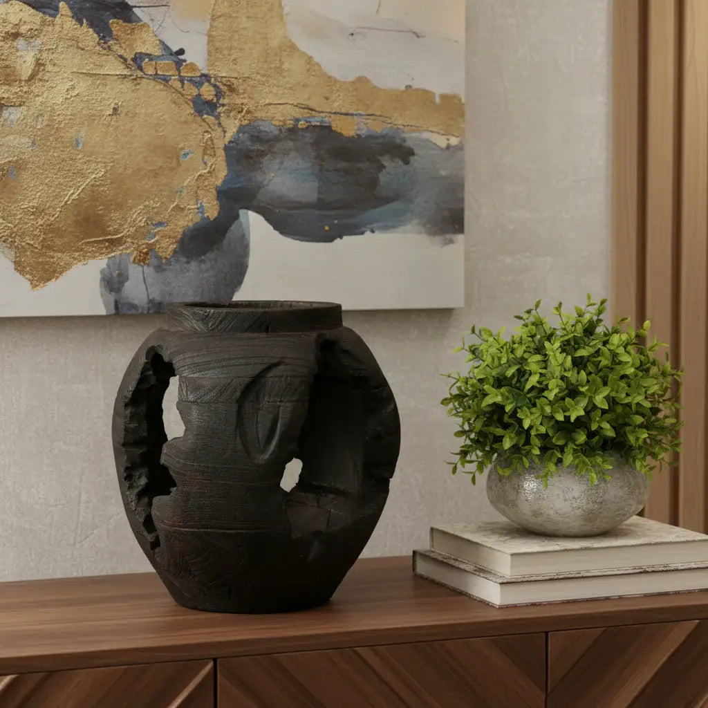 14" Black Solid Wood Table Vase With Sculptural Details - Homeroots - Flyclothing LLC