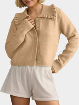 Frill Button Up Collared Neck Long Sleeve Cardigan - Trendsi - Flyclothing LLC