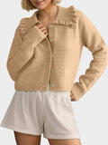 Frill Button Up Collared Neck Long Sleeve Cardigan - Trendsi - Flyclothing LLC
