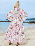 Tied Printed Three-Quarter Sleeve Midi Dress - Trendsi